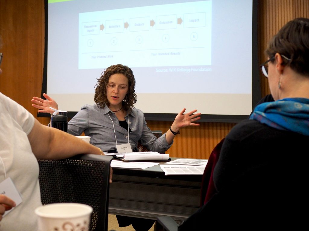 Hannah Vander Kopsa from the Crisis Intervention & Advocacy Center in Adel participates in group work at the evaluation training at the UI College of Public Health.