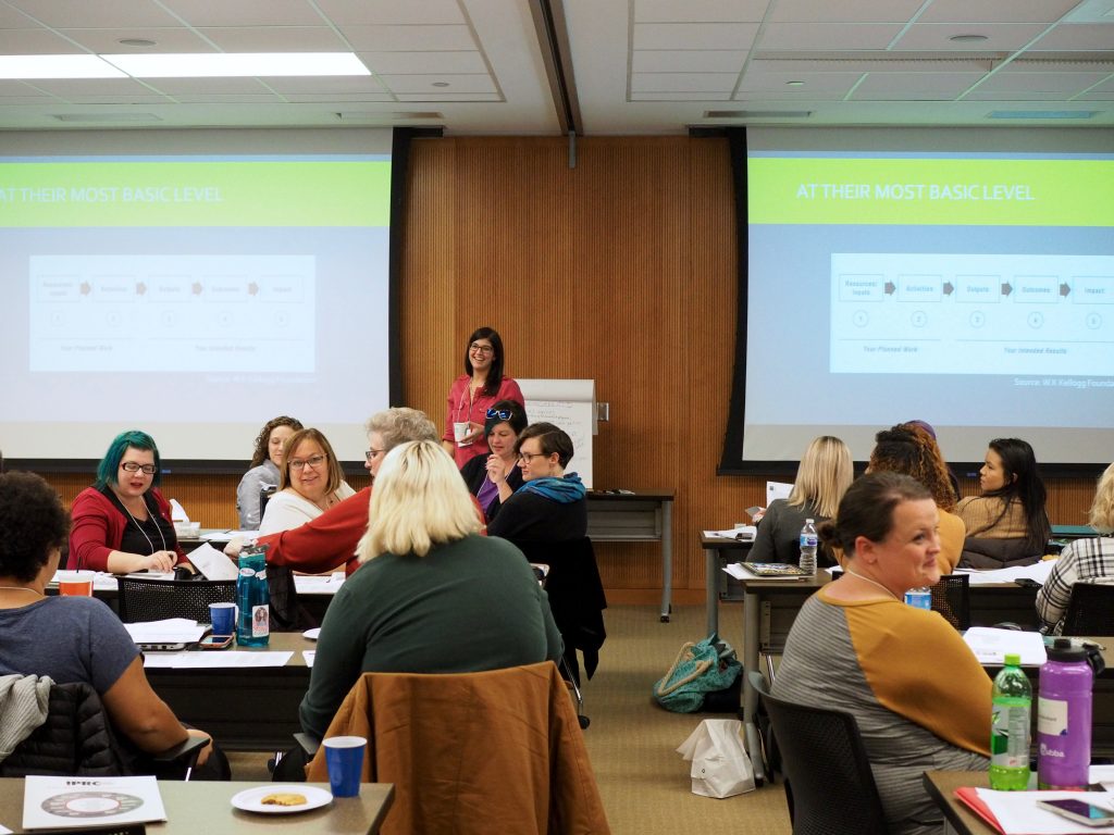 Anne Abbott, co-evaluator of the state RPE program, helps lead the evaluation training at the UI College of Public Health.