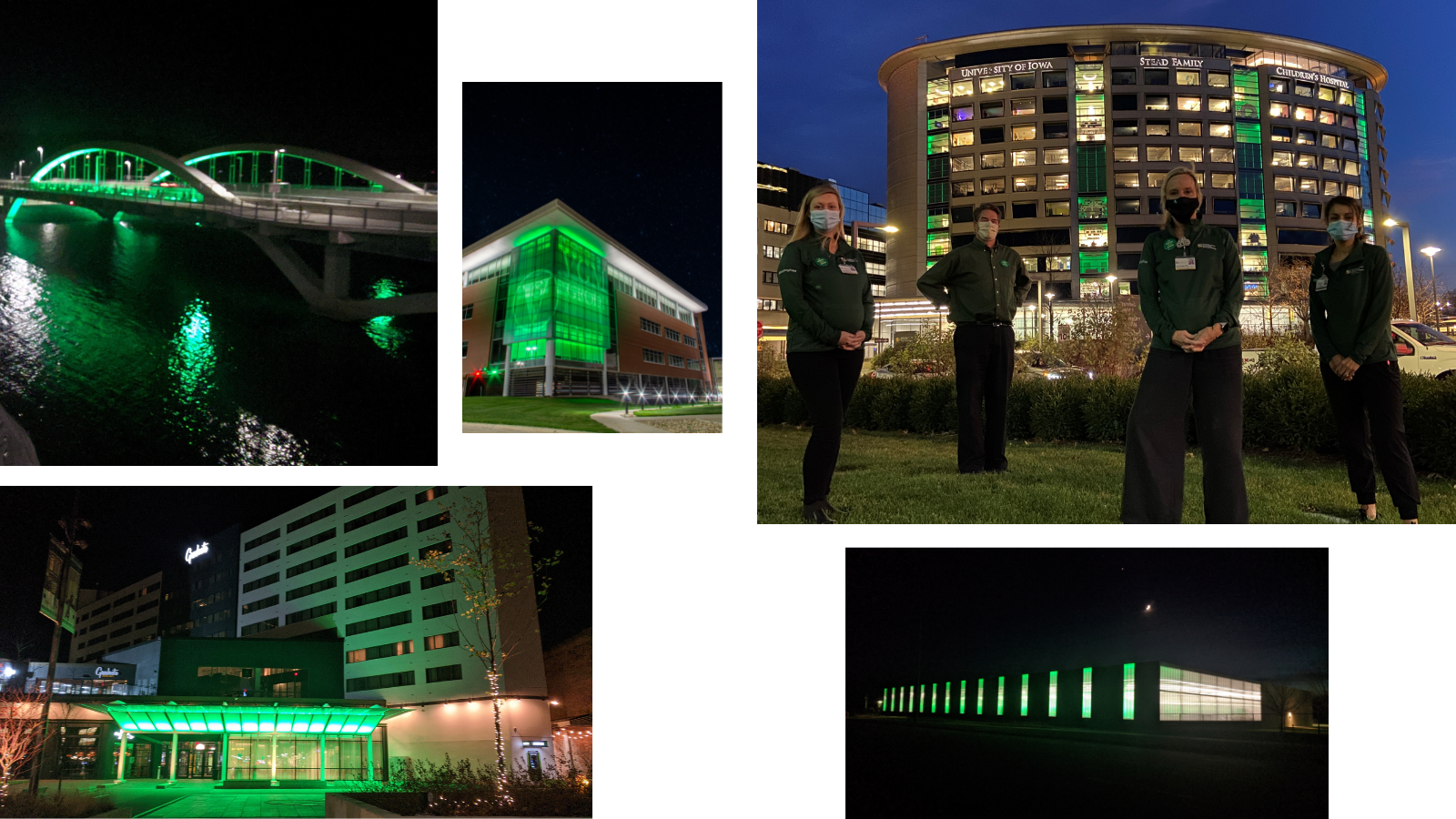 photos of sites lit up green in Iowa City for Injury Prevention Day 2020