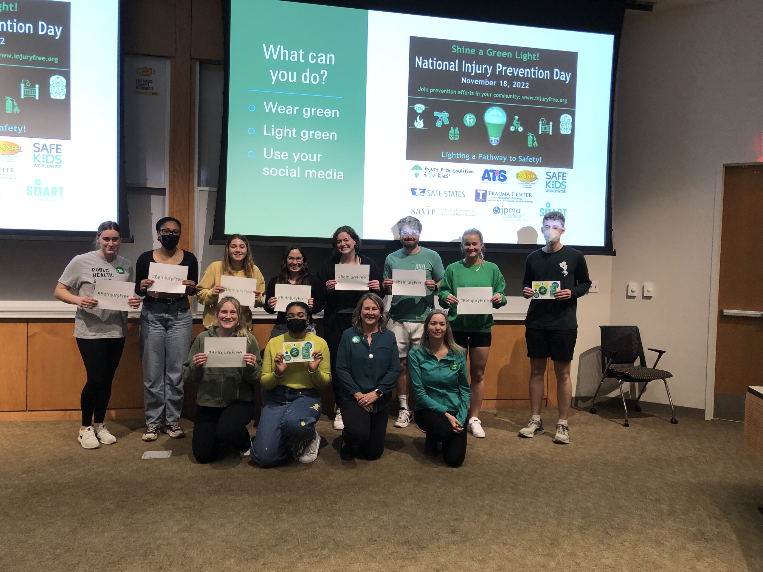 Some students in the Injury and Violence Prevention course at the UI College of Public Health raise awareness of National Injury Prevention Day and the importance of advocacy.