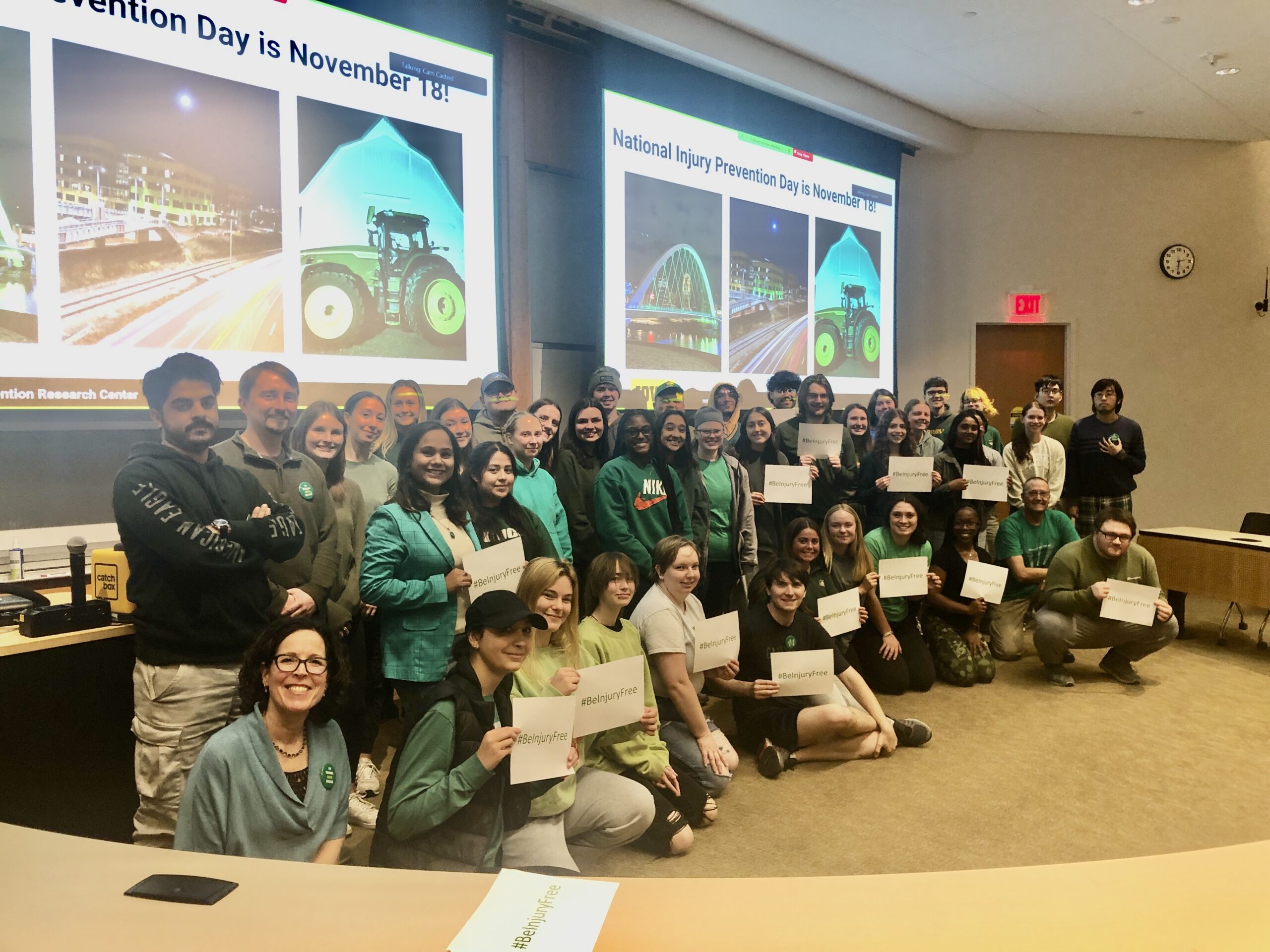 Students wear green for National Injury Prevention Day in Professor Carri Casteel's Injury and Violence Prevention course at the UI College of Public Health.