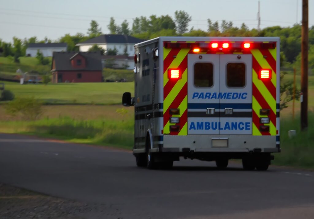 Ambulance in a rural neighborhood