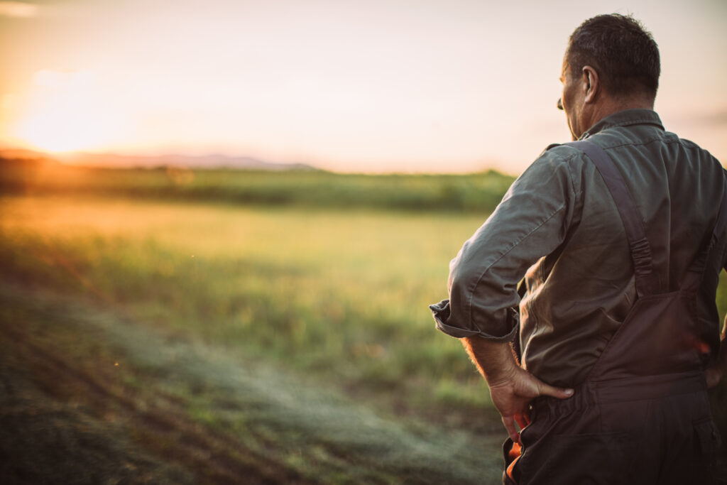 A man stands in a field at sunset, wearing overalls and looking towards the horizon with
hands on hips. The background features an open field with grass and distant trees, bathed in the warm light of the setting sun.
