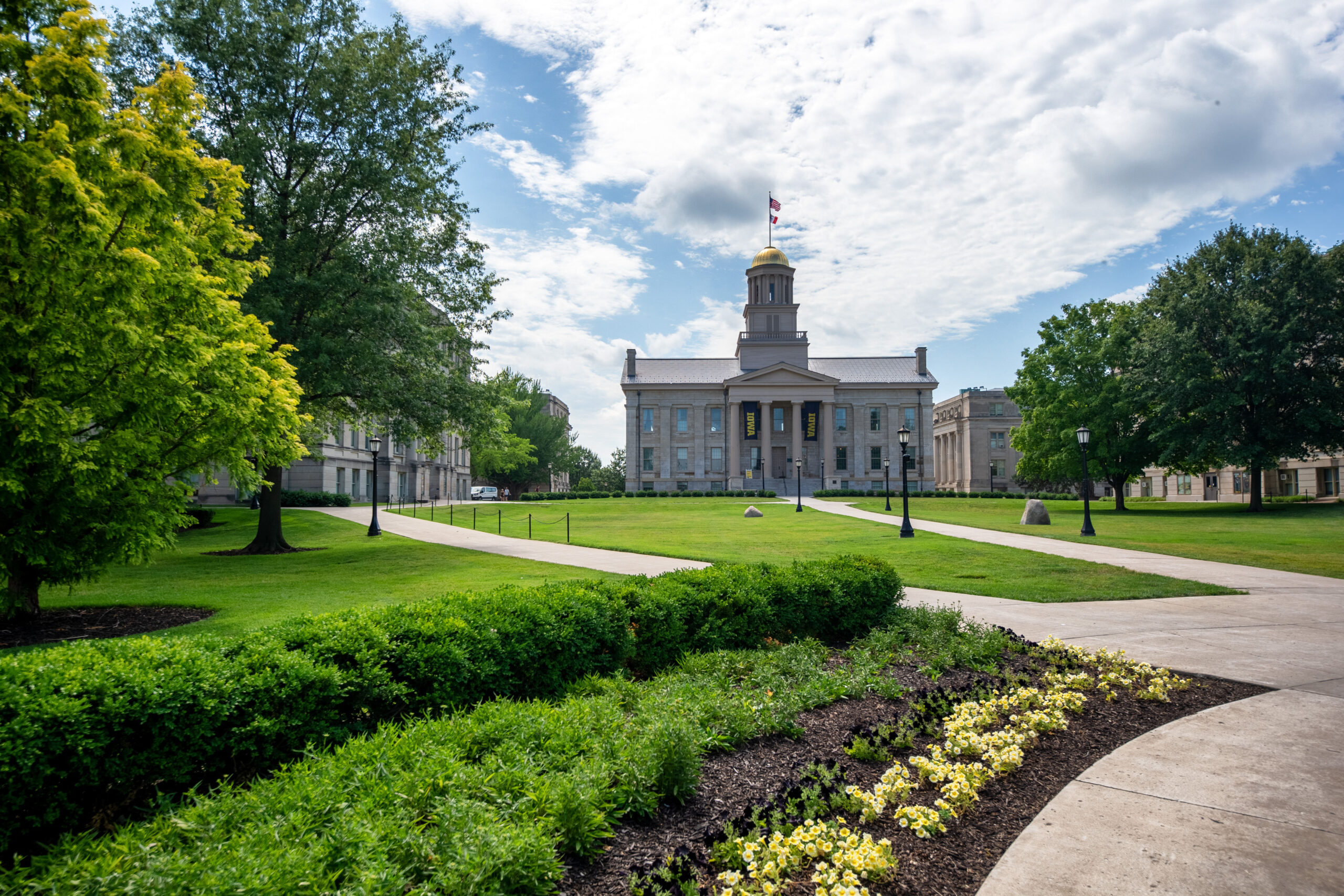 Green lawn and trees in front of Old Capitol during the summer.